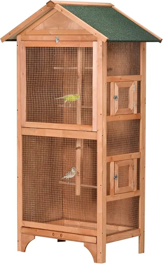 Wooden Outdoor Bird Cage For Finches And Parakeets With Removable Bottom Tray And Four Perches