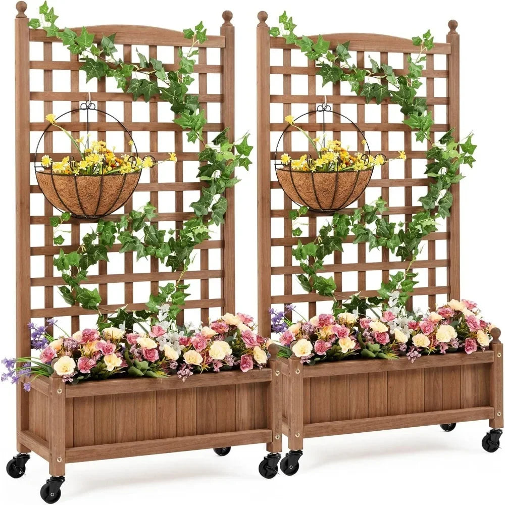 2pcs 50" H Raised Garden Bed with Trellis & Wheels Standing Vertical Horticulture Planter Box for Vine Climbing Plants