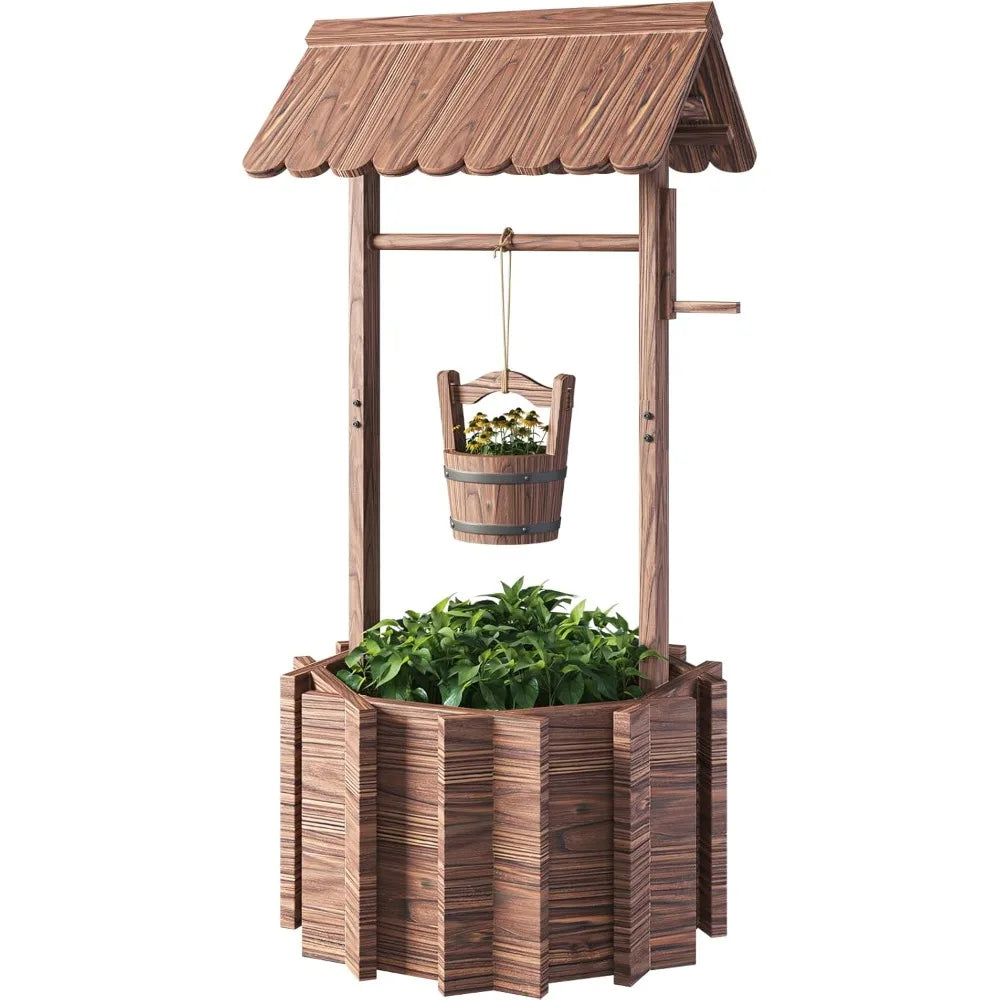 oneinmil Outdoor Wooden Wishing Well Planter with Hanging Bucket for Flower and Plants, Home Decor for Patio,Garden, Yard,25.6"