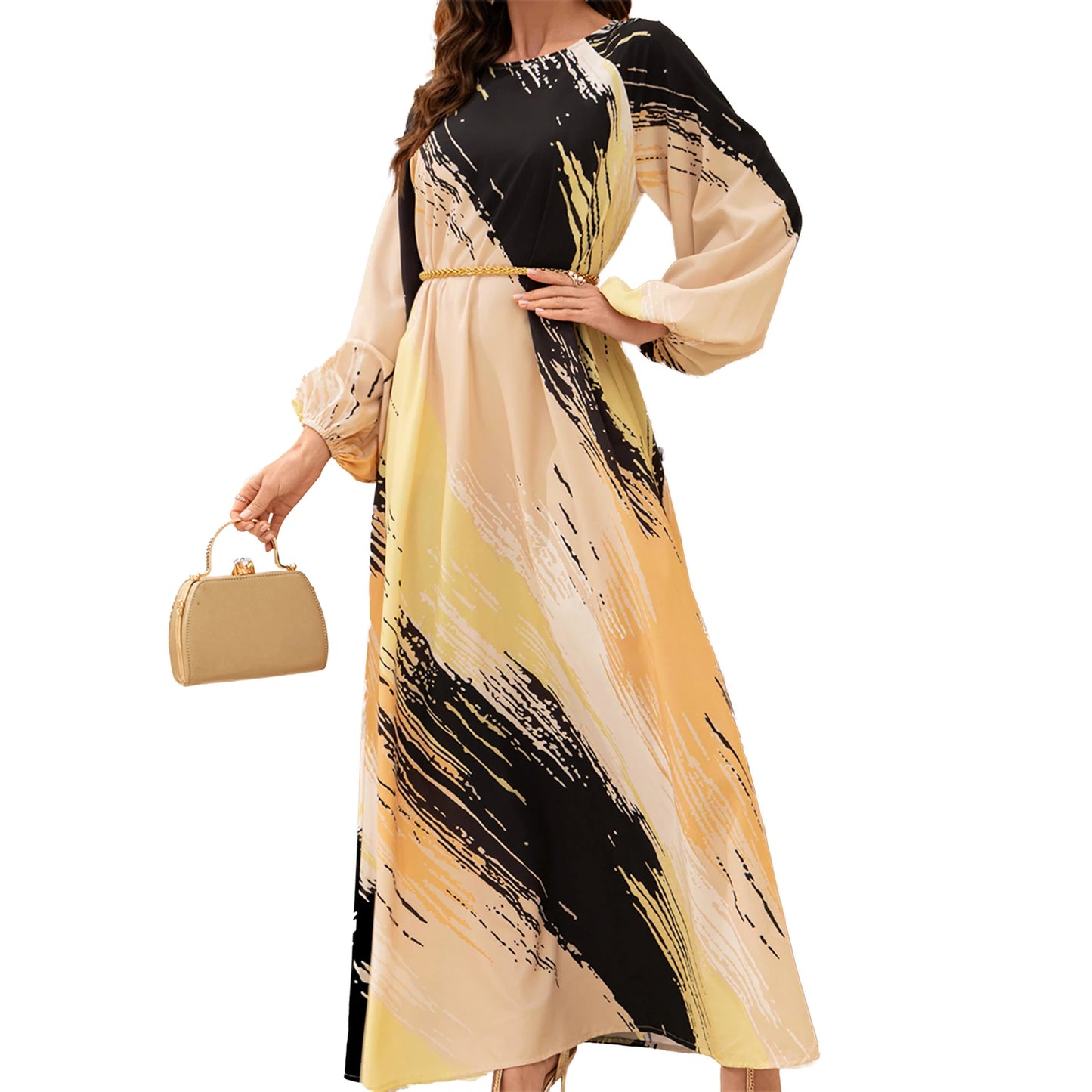 Elegant Floral Print Maxi Dress with Long Sleeves and Round Neckline Loose Fit Abaya Robe for Women s Fashion