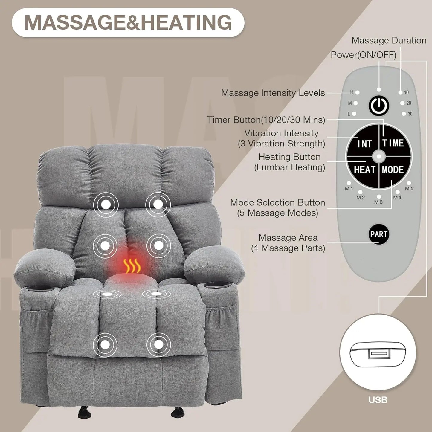 Massage Rocker Recliner Chair with Heat and Vibration Ergonomic Rocking Lounge Chair for Living Room Comfy Overstuffed Recliner