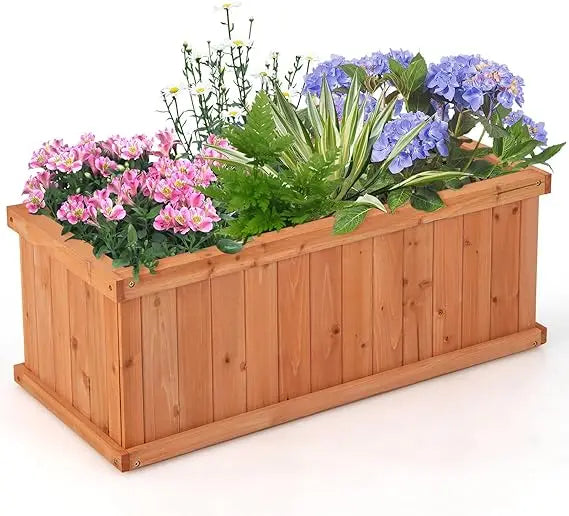 HAPPYGRILL Raised Garden Bed, Wood Elevated Flower Box with 8 Drain Holes, Liner, for Flowers, Vegetables, Herbs, Fruits, Outdoo