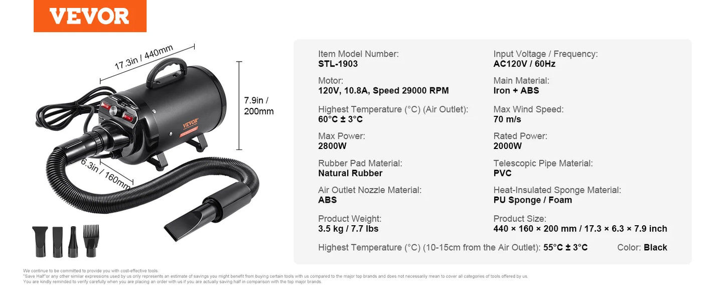 SucceBuy Dog Dryer 2000W Pet Grooming Dryer Adjustable TemperatureControl ProGrade