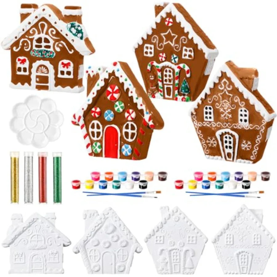 Unpainted Ceramic Gingerbread House Craft Kit With Paint And Brushes