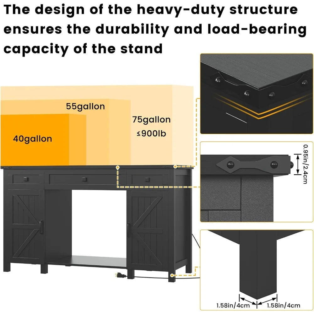 Farmhouse Style Aquarium Stand Durable EngineeredWood Drawer With Charging Station
