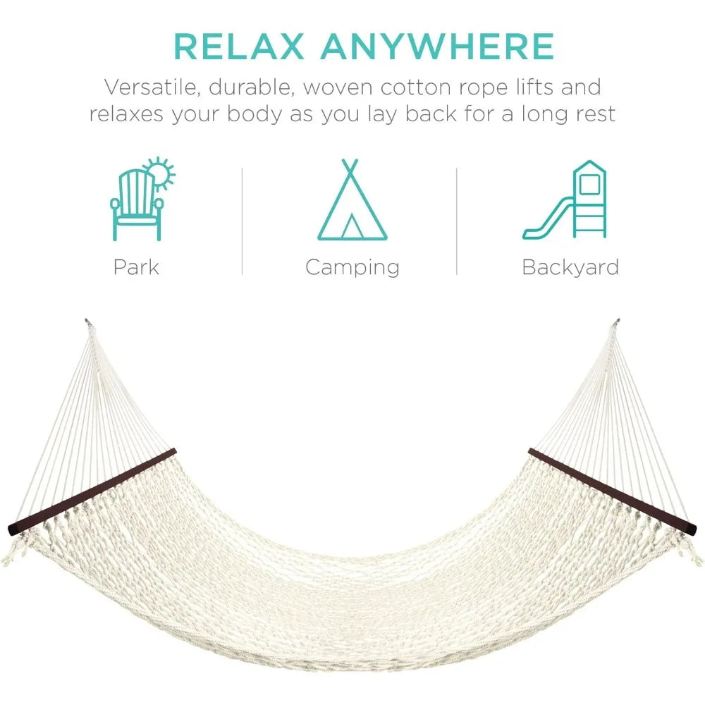 2-Person Double Hammock, Outdoor Woven Cotton Rope Hammocks for Backyard, Patio w/Spreader Bars, Carrying Case