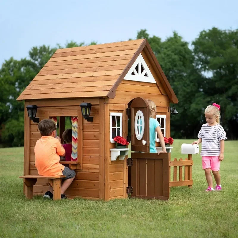 Aspen Cedar Wooden Kids Playhouse Cottage with Kitchen and Picnic Bench