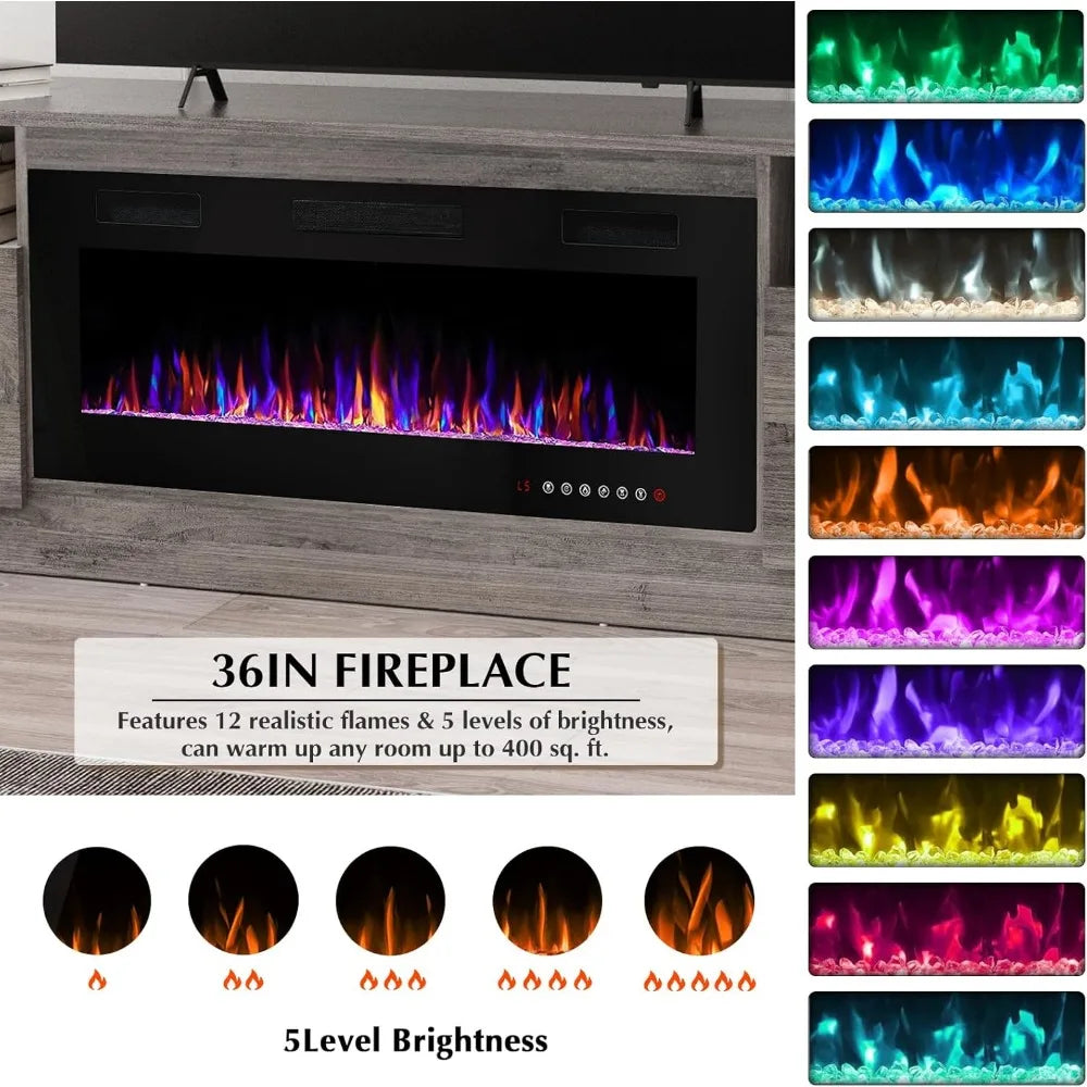 Lemberi Fireplace tv Stand with 36 inch Fireplace Up to 80" TVs,LED Light Entertainment Center and Storage, 70" Modern Wood Medi
