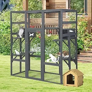 70Inches Large Stable Spacious Wooden Catio Outdoor Cat Enclosure with Perches and Condos, Cat Cage Indoor with Waterproof Roof