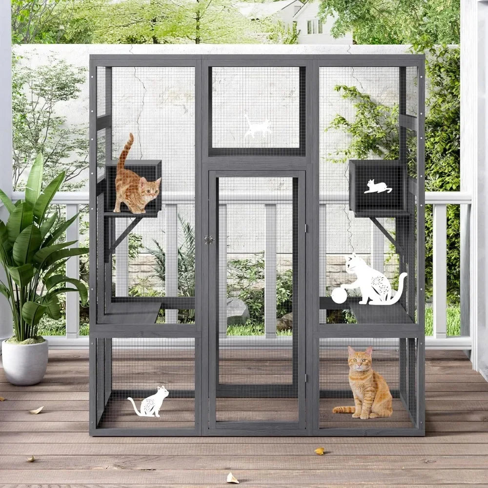 70Inches Large Stable Spacious Wooden Catio Outdoor Cat Enclosure with Perches and Condos, Cat Cage Indoor with Waterproof Roof