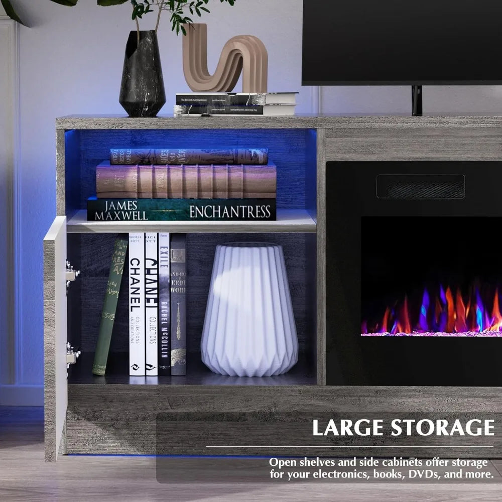 Lemberi Fireplace tv Stand with 36 inch Fireplace Up to 80" TVs,LED Light Entertainment Center and Storage, 70" Modern Wood Medi
