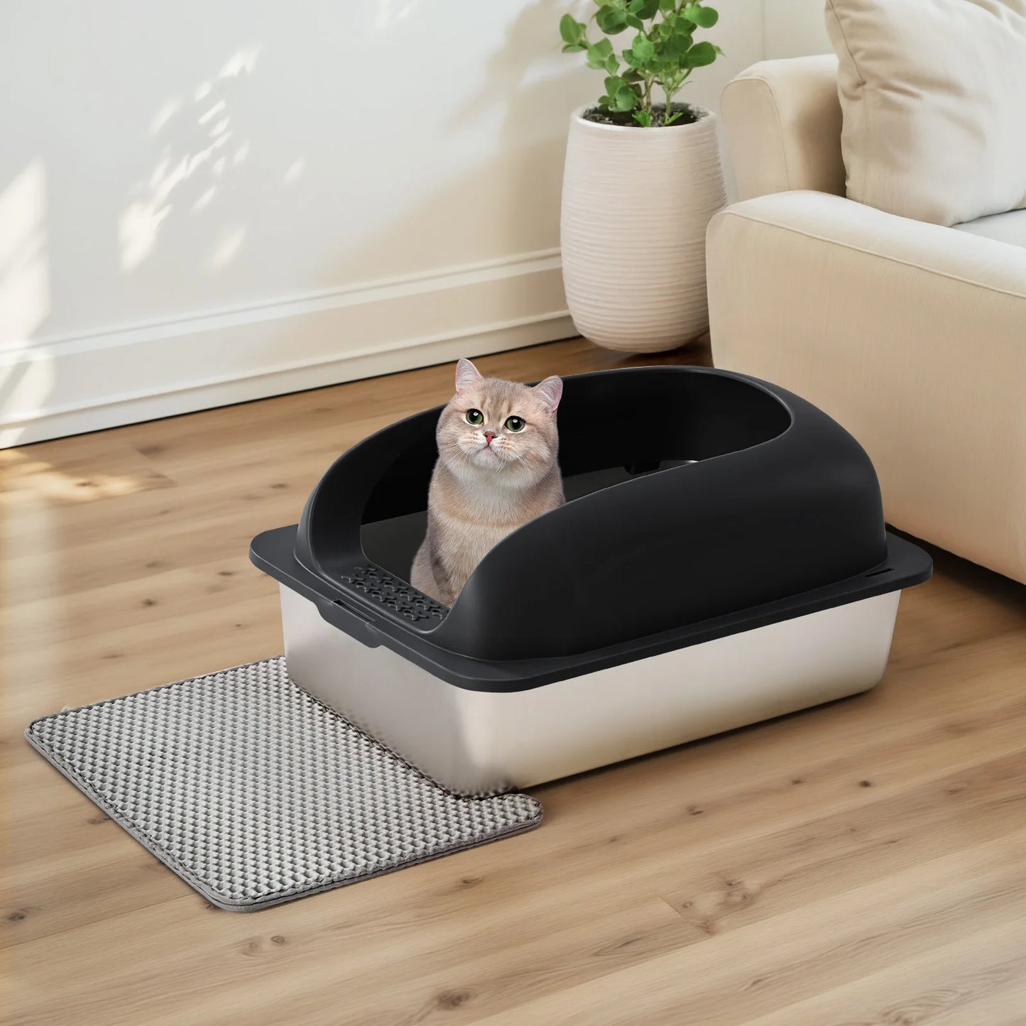 JHK StainlessSteelCatLitterBox WithLidOdorProof AntiSpillDesign BuiltInMatScoop ForCats