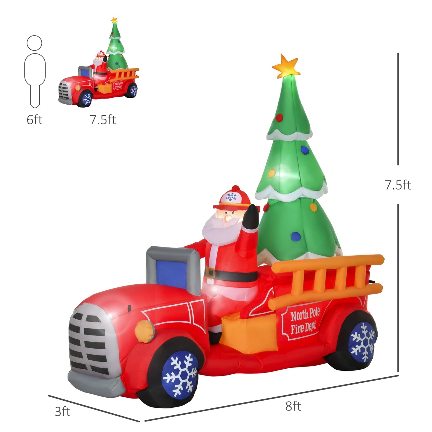 Homcom Christmas Yard Inflatable Santa Fire Truck With Tree LED