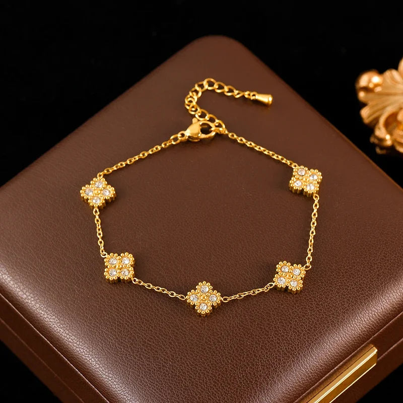 GANEMLY Sparkling Clover Zircon Jewelry Set Stainless Steel