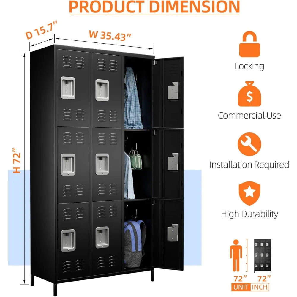 Locker Organizer with 9 Doors, Metal Lockers for Employees, Storage Steel Organizer for School, Metal Storage Cabinet for Gym, O