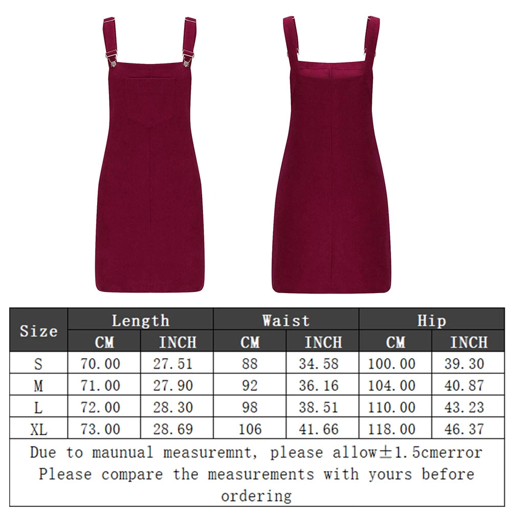Women's Sleeveless Corduroy Pinafore Bib Overall Mini Dress A Line Cute Jumper Dress &Pockets For Teenager Adjustable Shoulder