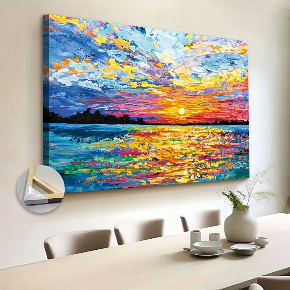 1.5 inch thick wood pine frame, interior art mural, home decor mural, ocean sunset painting, suitable for interior decoration