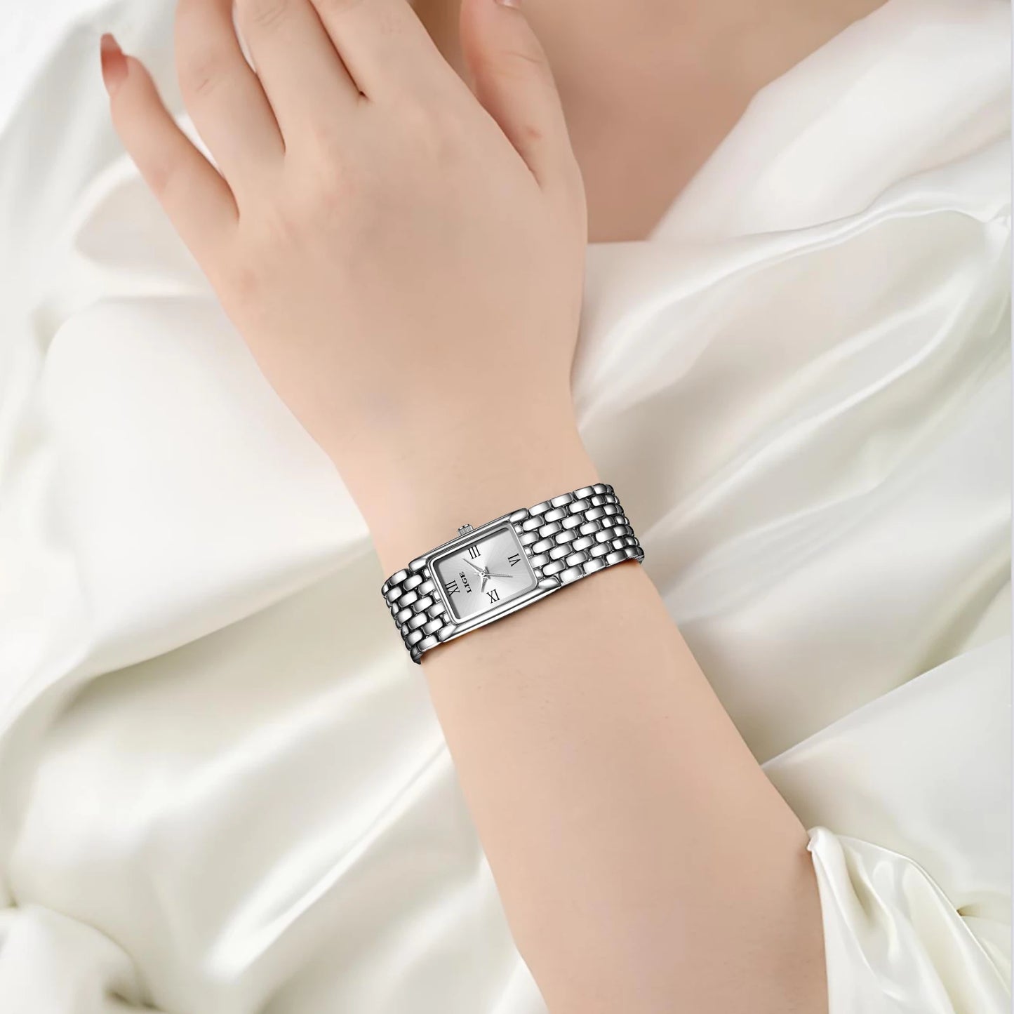 LIGE Retro Rectangle Womens Stainless Steel Quartz Watch