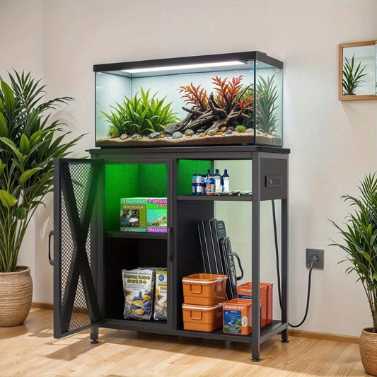 Hign-concerned Metal Wood Aquarium Stand With Electrical Outlet Storage Shelving