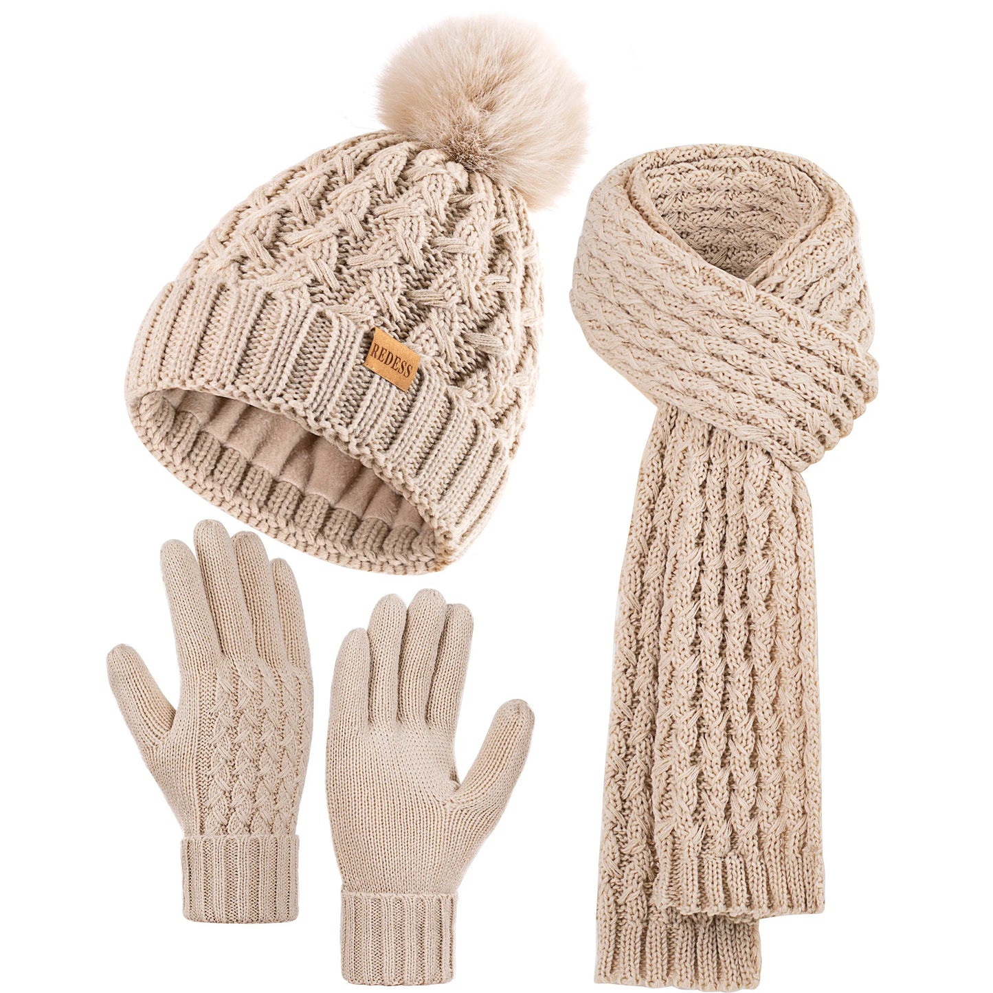 Womens Winter Beanie Hat Touchscreen Gloves Long Neck Scarf Set Warm Knit Caps