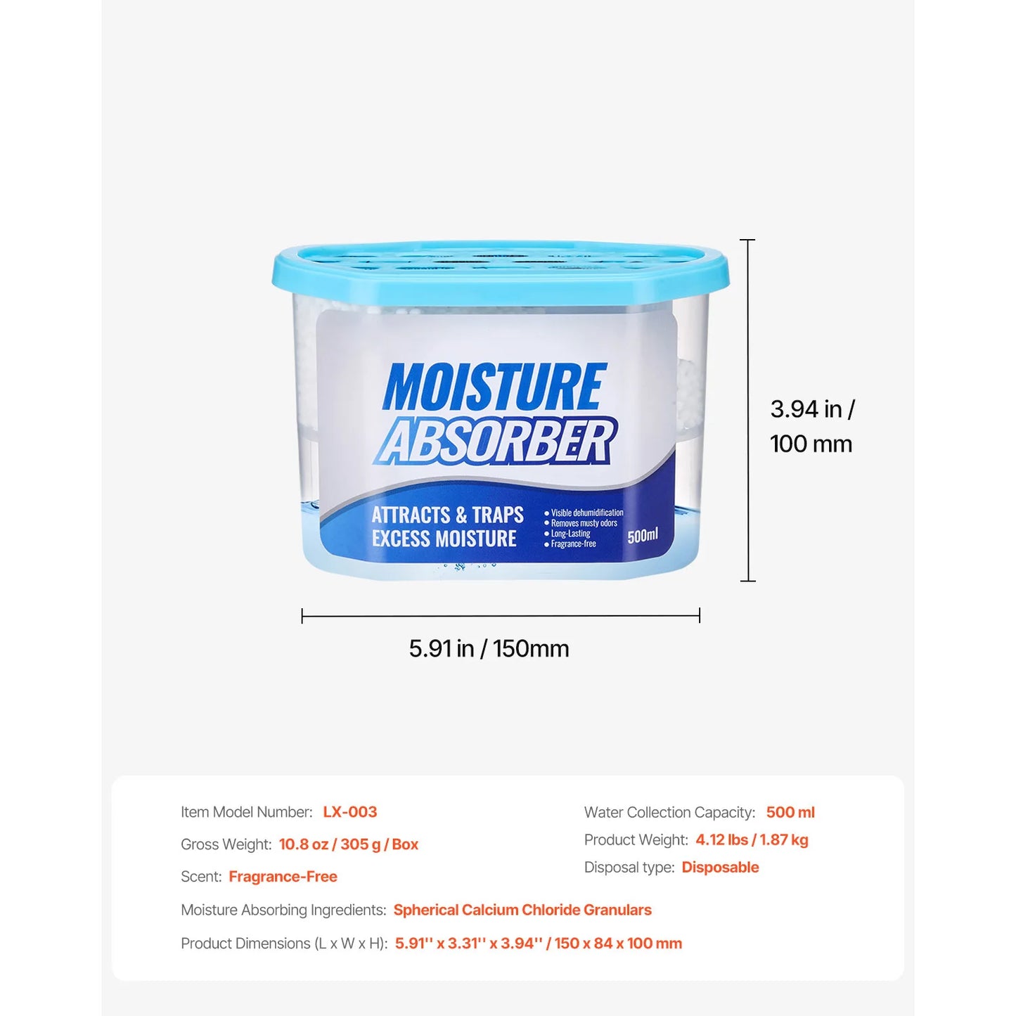 VEVOR Moisture Absorber Boxes 10.8 oz Humidity Absorber Boxes Fragrance Free Dehumidifier for Bathroom Closet Kitchen 6 Pack