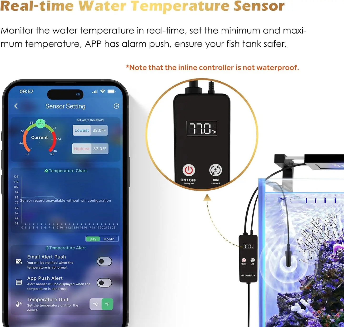 High Concerned Saltwater Aquarium Light Smart Reef Coral Light Bluetooth And WiFi Control App Temperature Sensor
