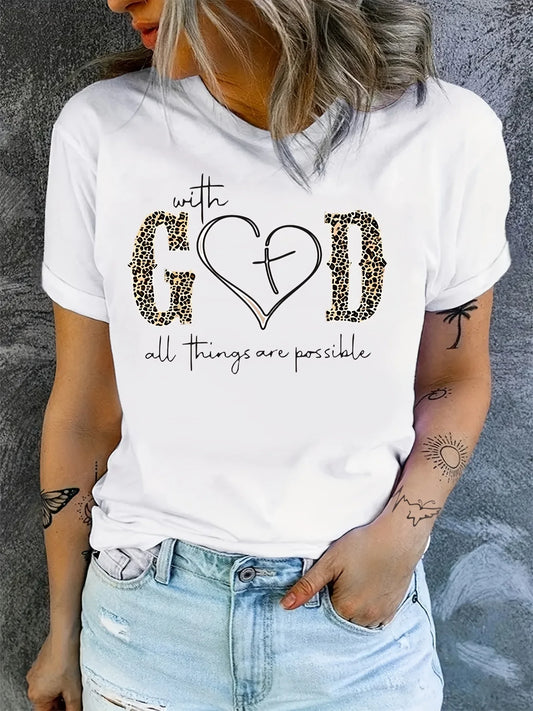 With God Print T-Shirt Summer Short Sleeve Crew Neck Casual Top Womens Clothing Soft and Comfortable