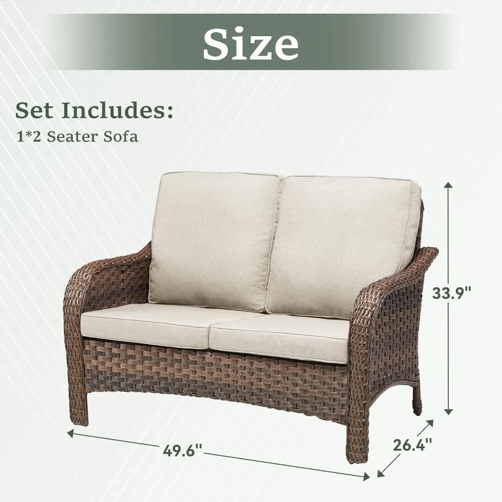 Patio Loveseat, 2 Seater Wicker Small Patio Couch Sofa with Cushions, Outdoor Patio Rattan Loveseat Sofa for Sun Porch Deck Pati