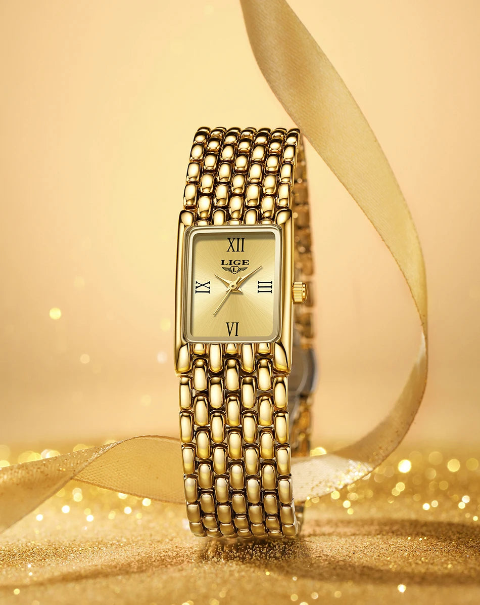 LIGE Retro Rectangle Womens Stainless Steel Quartz Watch