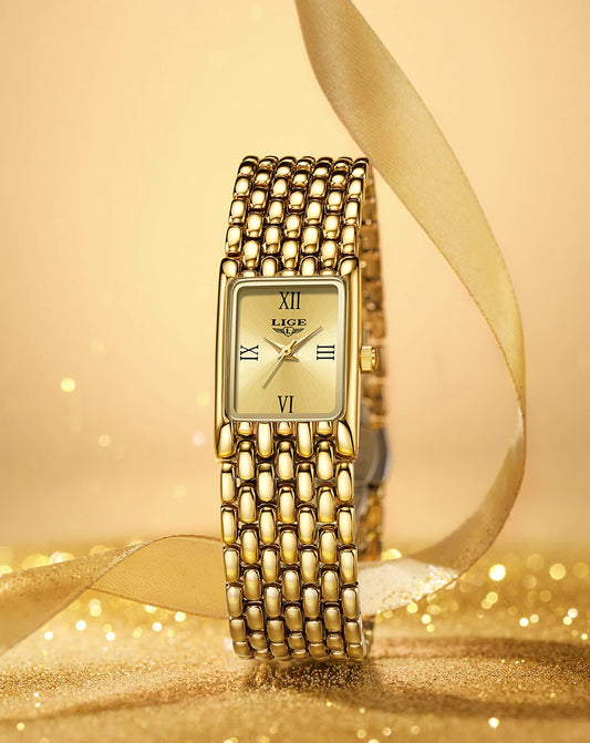 LIGE Retro Rectangle Womens Stainless Steel Quartz Watch