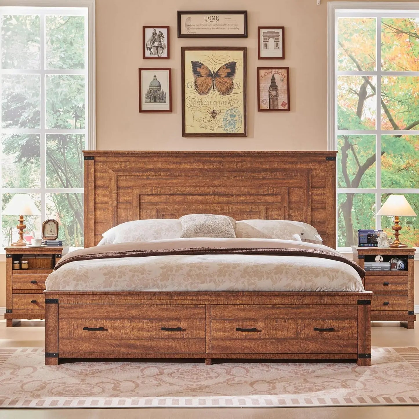 ZHUXIANG Wood Bed Frame Geometric Headboard Storage Drawers
