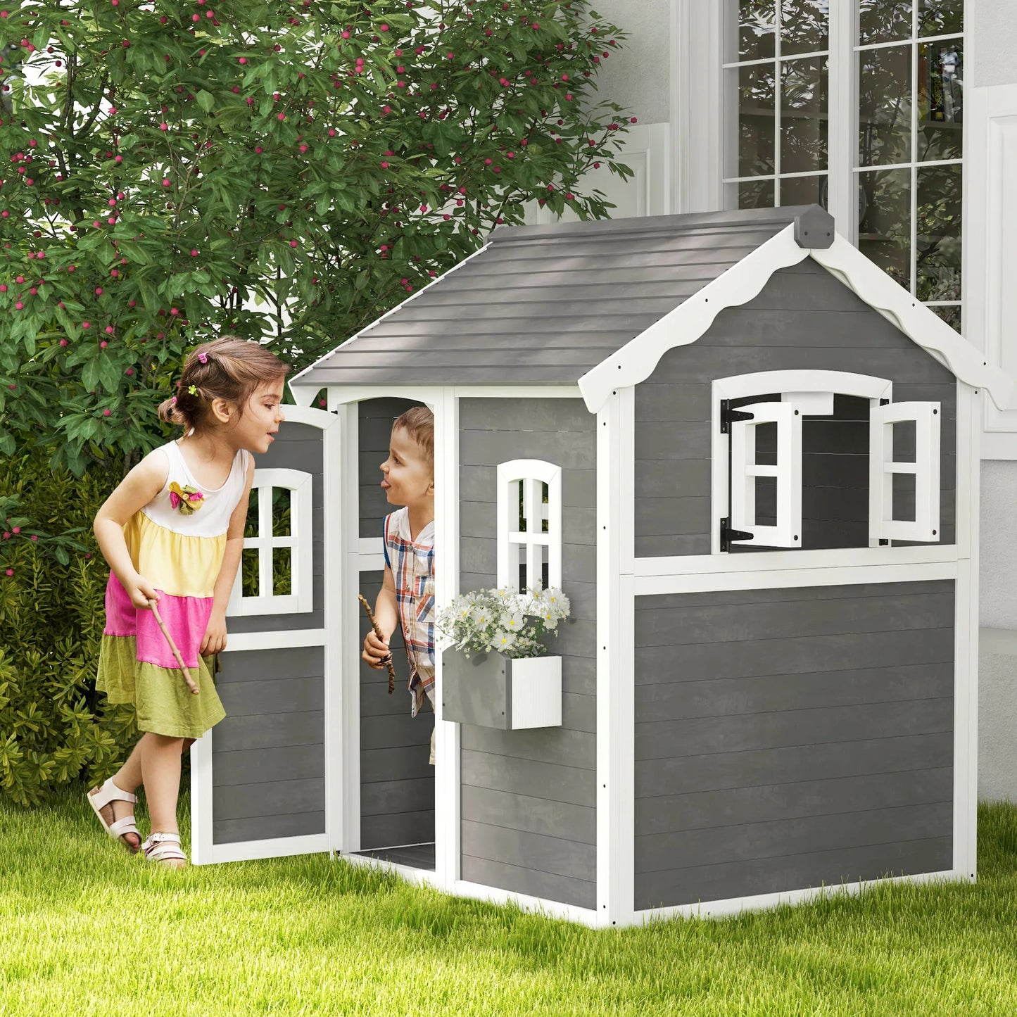 Outsunny Wooden Playhouse for Kids with Floor Door Windows and Planter Box