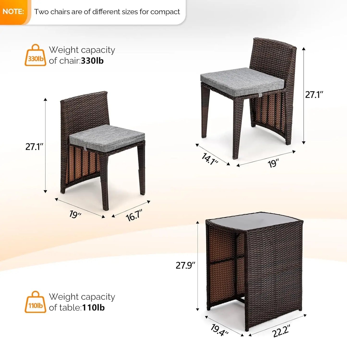 3 PCS Wicker Outdoor Patio Bistro Set, Patio Furniture Set for Small Space with Glass Top Table Dining Chairs