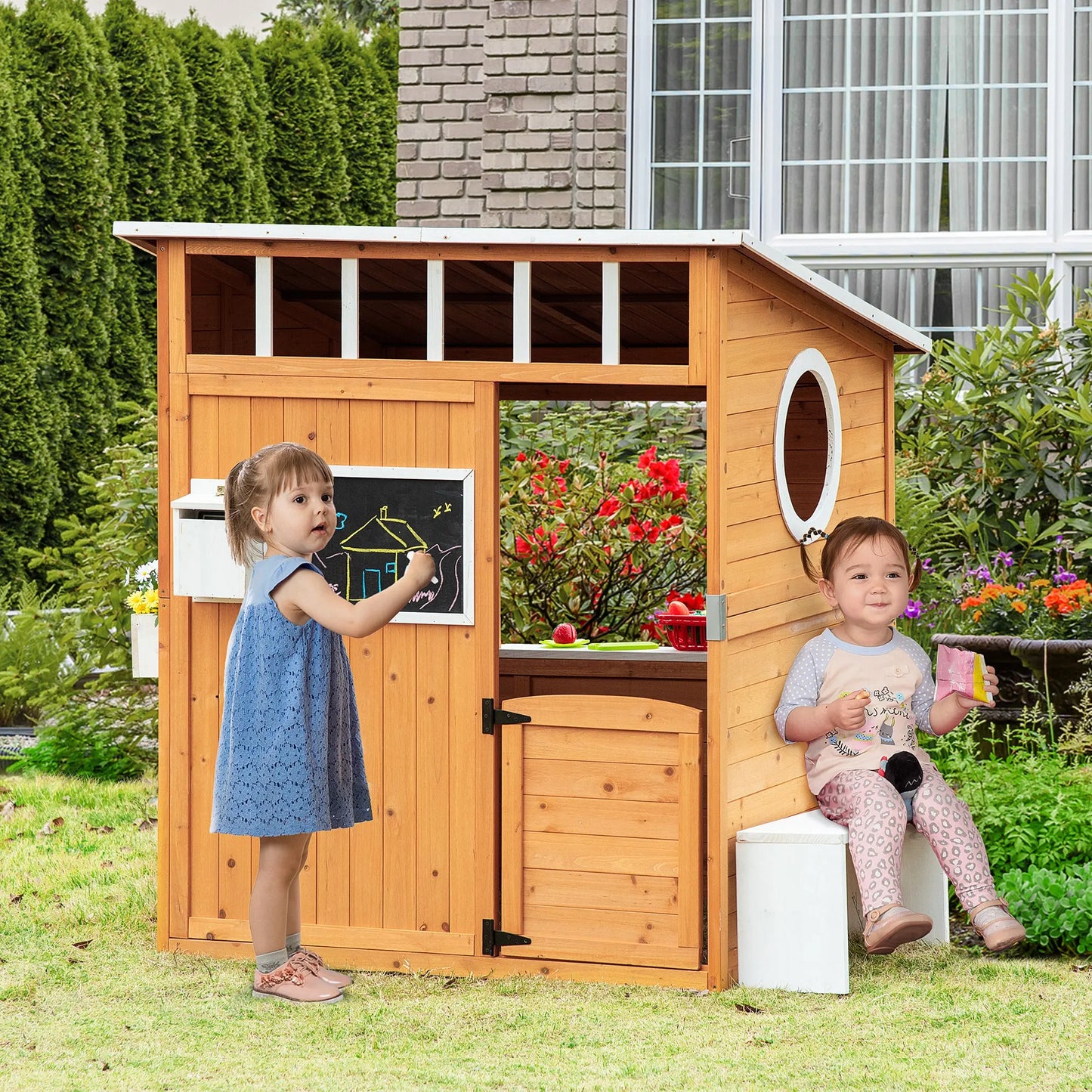 Outsunny Wooden Kids Playhouse with Working Door Windows and Mailbox
