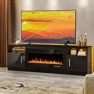 Lemberi Fireplace tv Stand with 36 inch Fireplace Up to 80" TVs,LED Light Entertainment Center and Storage, 70" Modern Wood Medi