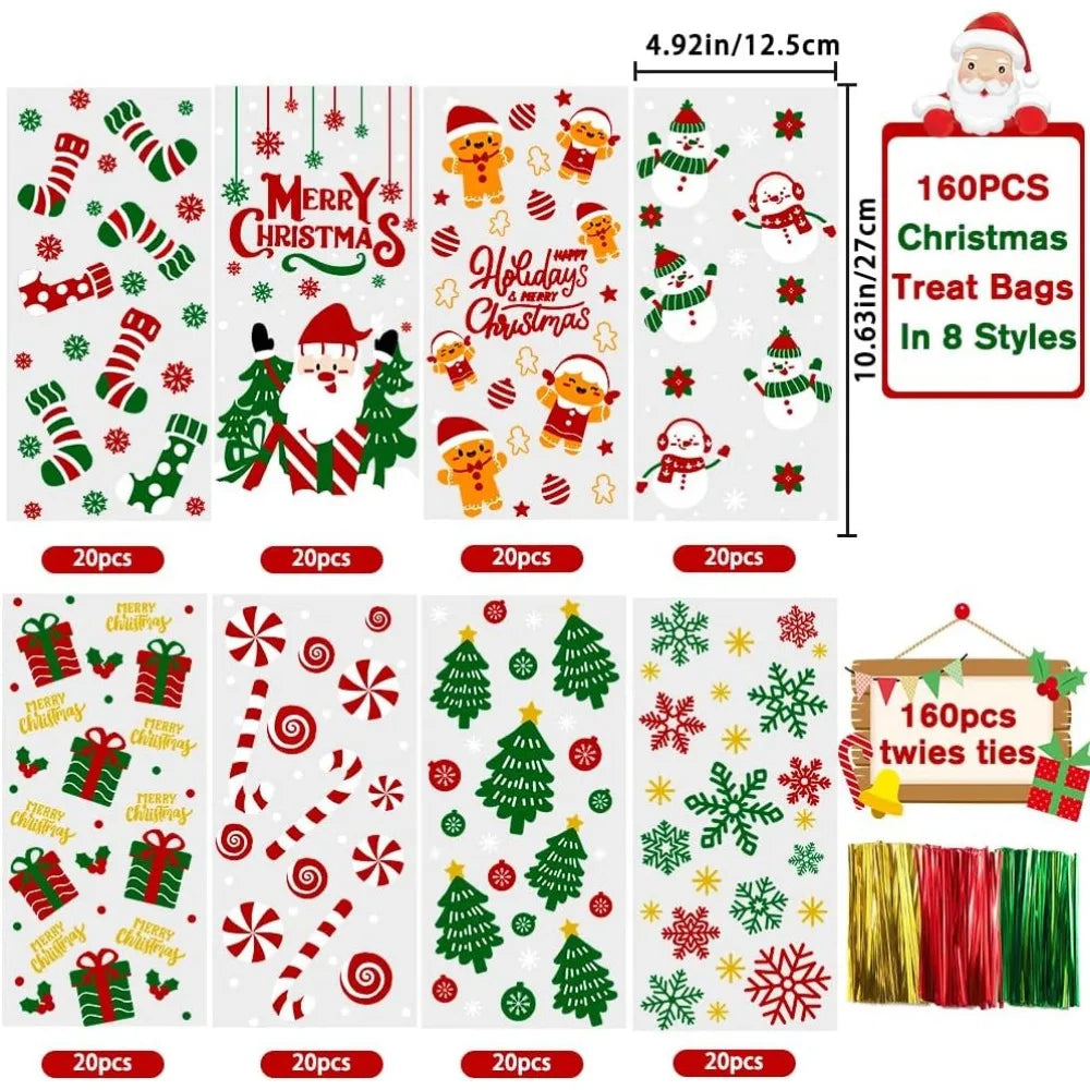 Christmas Cellophane Treat Bags With Twist Ties Santa Theme