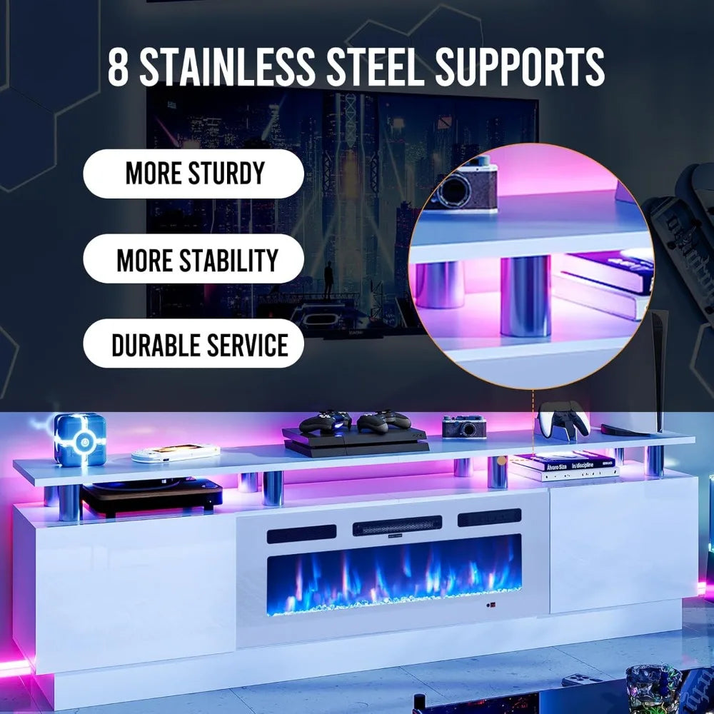 80" Modern Electric Fireplace TV Stand for TVs Up to 90 inch, with Electronic Flame and LED Lights, Luxury High Gloss Finish En