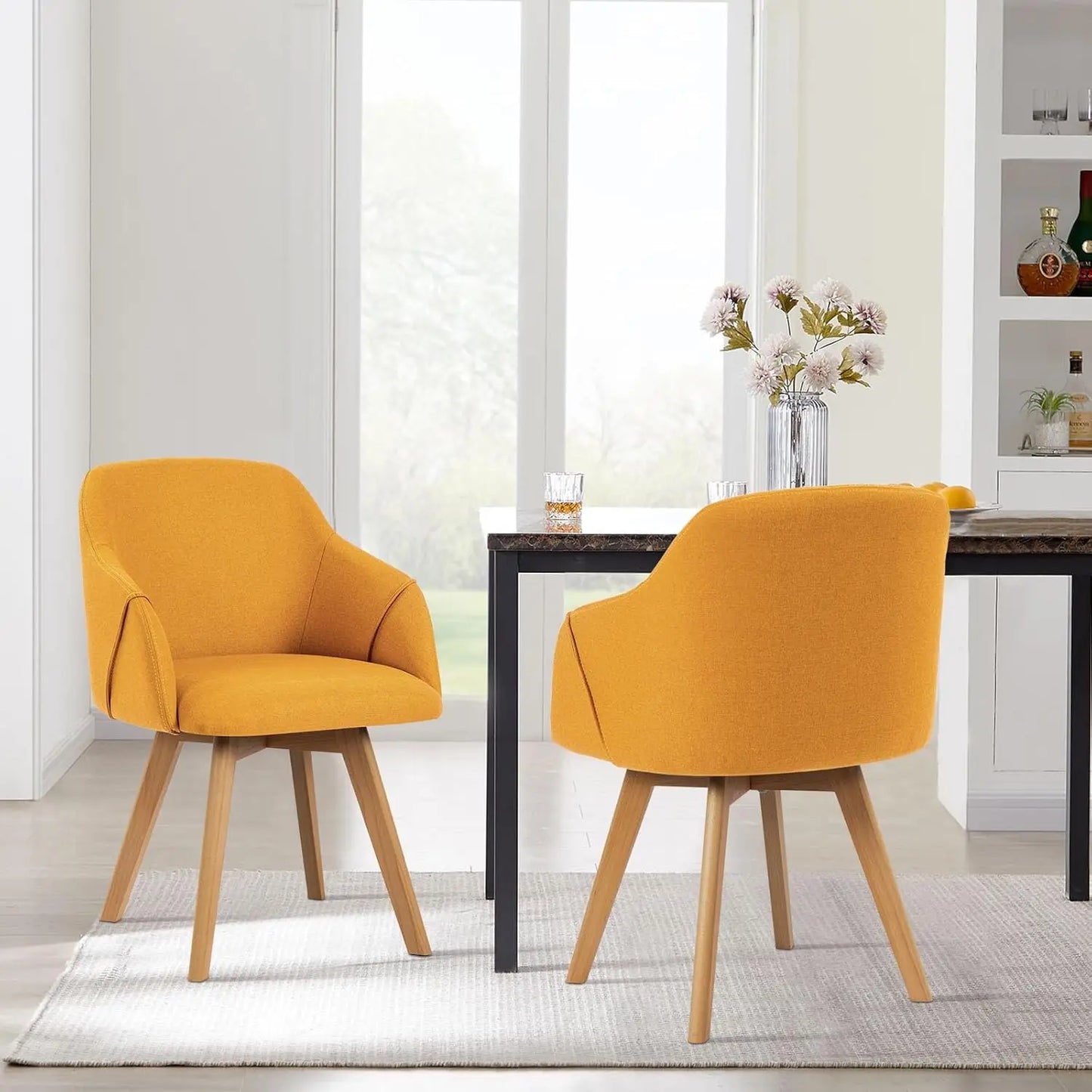 Swivel Dining Chairs with Arm, Set of 2, Modern Linen Fabric Upholstered Kitchen Dining Room Chairs, Swivel Accent Desk Chairs