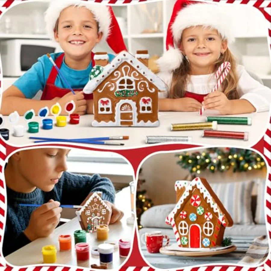 Unpainted Ceramic Gingerbread House Craft Kit With Paint And Brushes