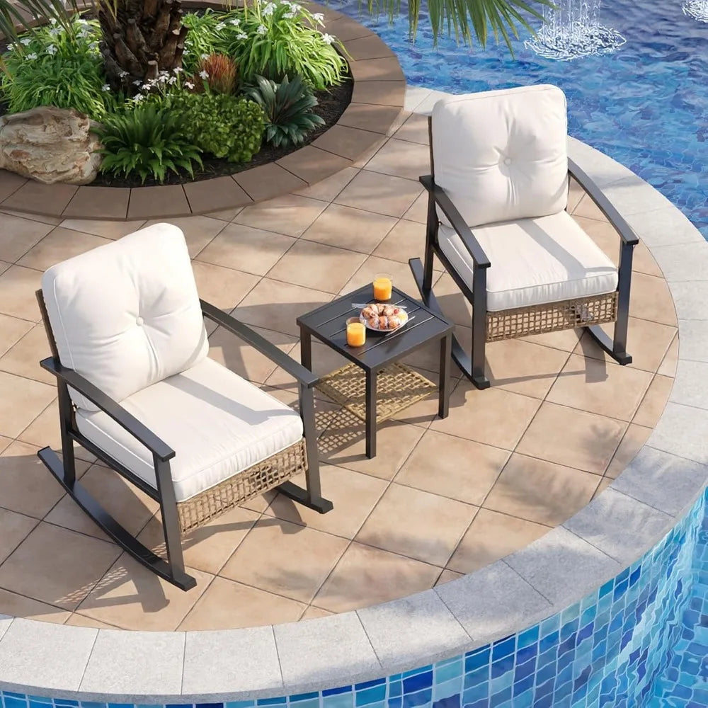 3-Piece Outdoor Rocking Bistro Set, Patio Furniture Set with Coffee Table and Thick Cushions, Wicker Rocking Chairs Set of 2 fo