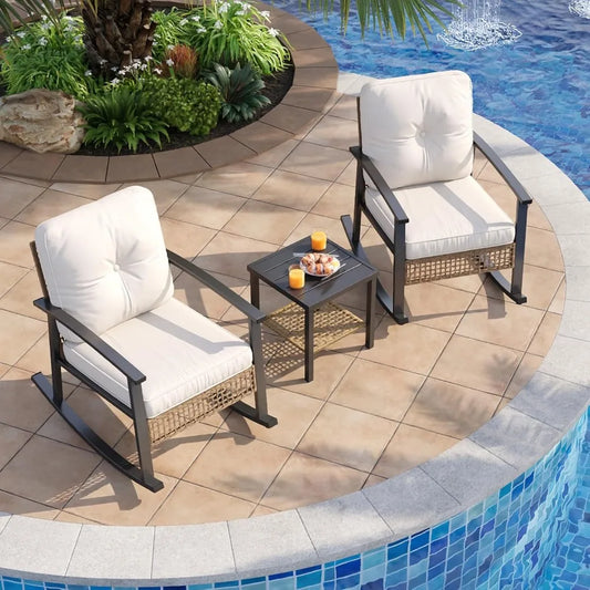 3-Piece Outdoor Rocking Bistro Set, Patio Furniture Set with Coffee Table and Thick Cushions, Wicker Rocking Chairs Set of 2 fo