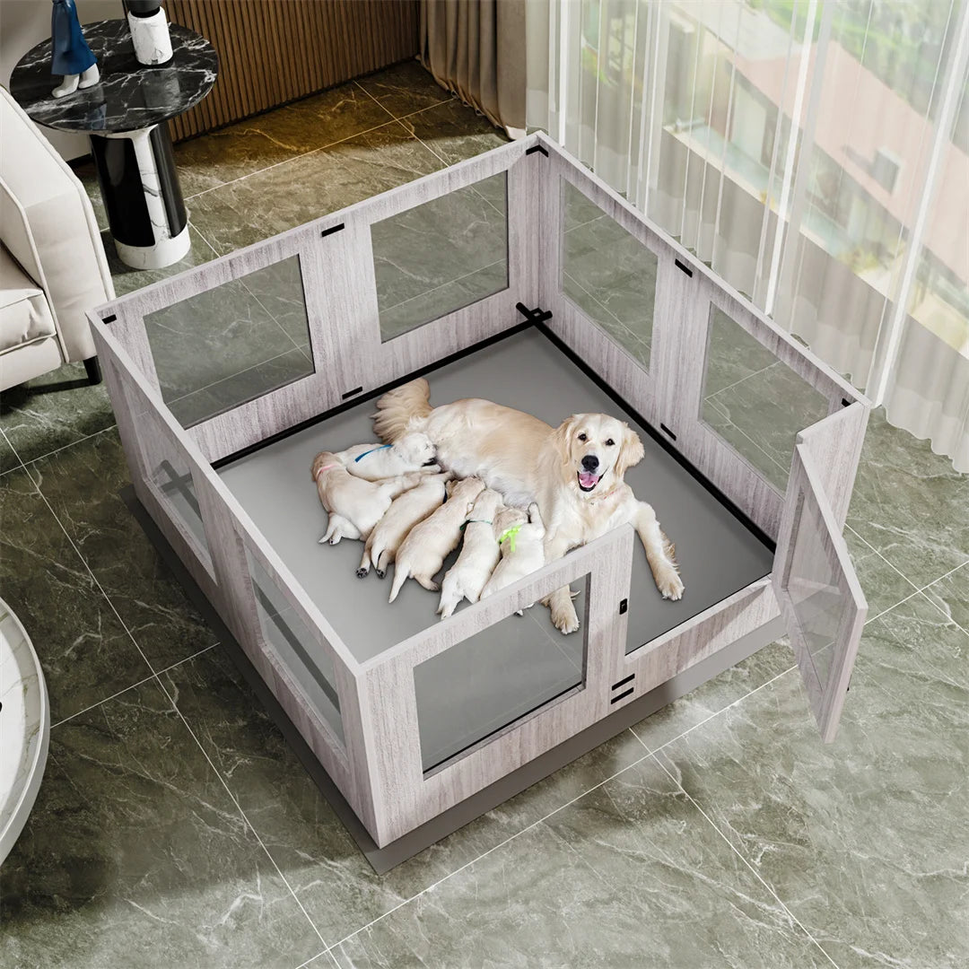 Hign-concerned Tempered Glass Pet Whelping Box With Waterproof Pad For Puppies