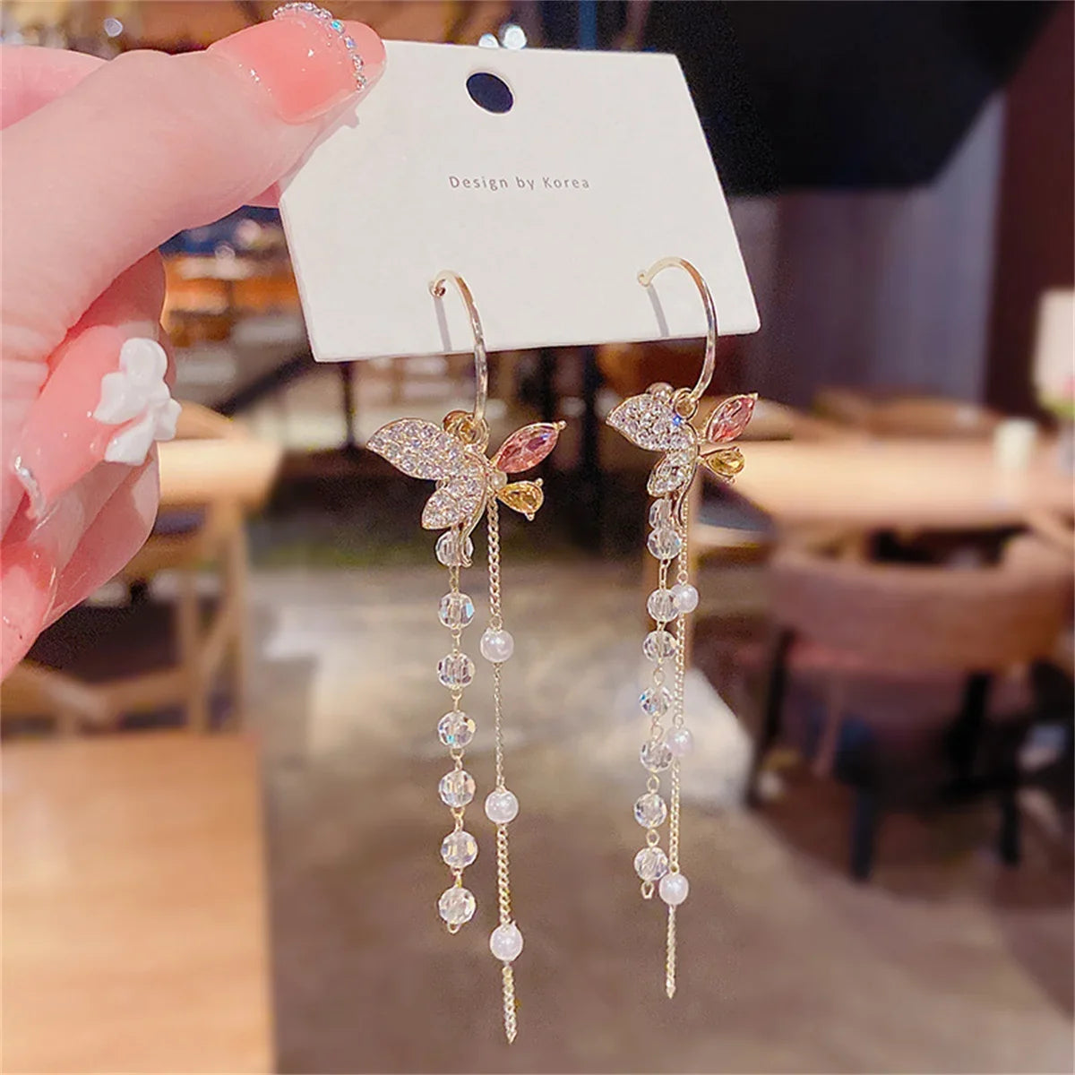 Rinhoo Delicate Zircon Butterfly Tassel Drop Earrings