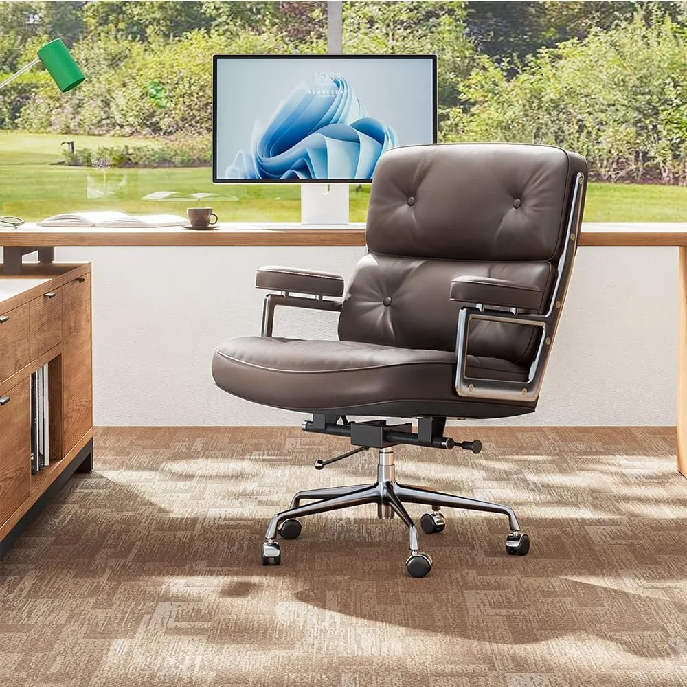 Genuine Leather Office Chair, Mid Back Executive Desk Chair with Aluminum Arms and Wheels, Swivel Office Leather Chair with Thic