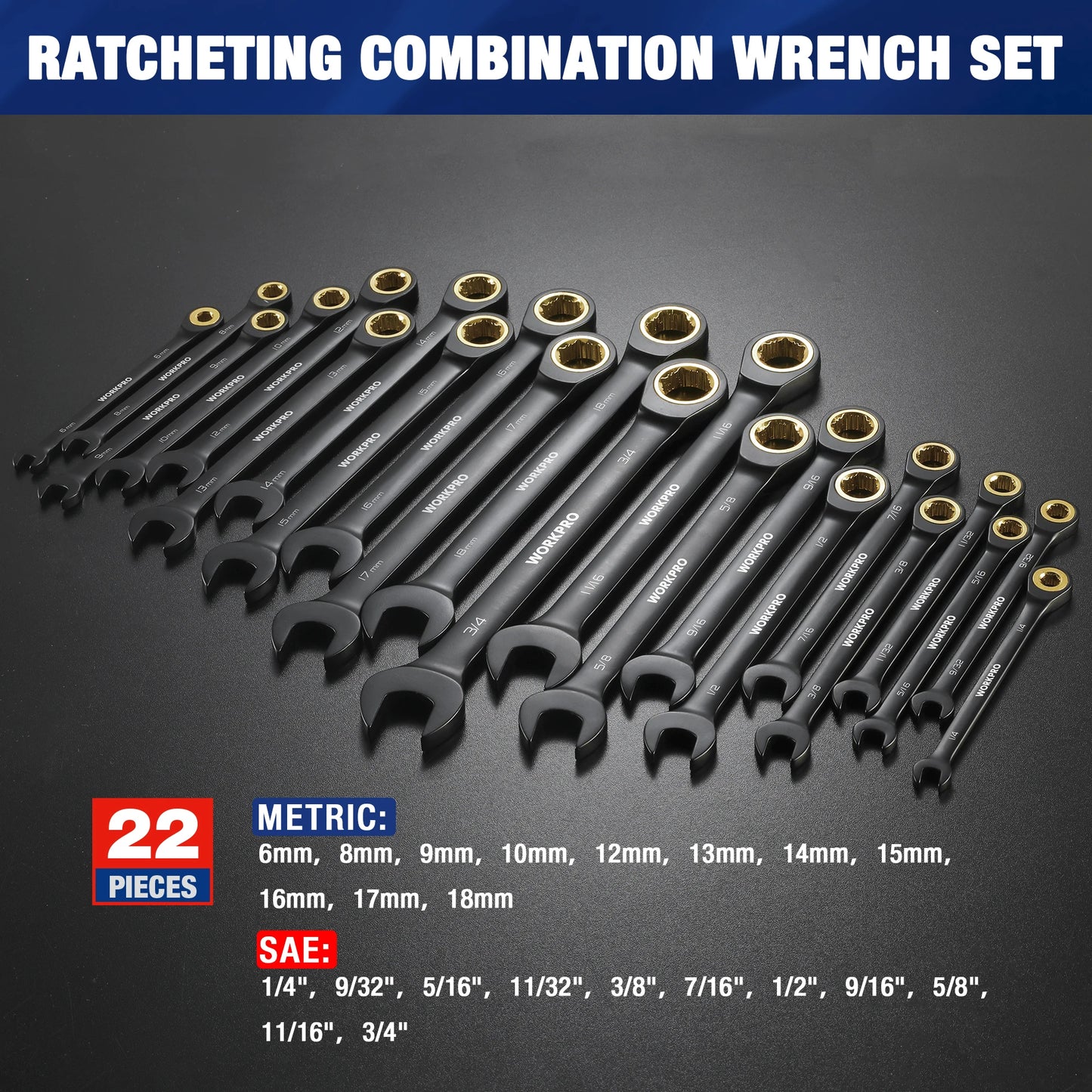 WORKPRO 22 Piece Ratcheting Wrench Set with Organizer Box