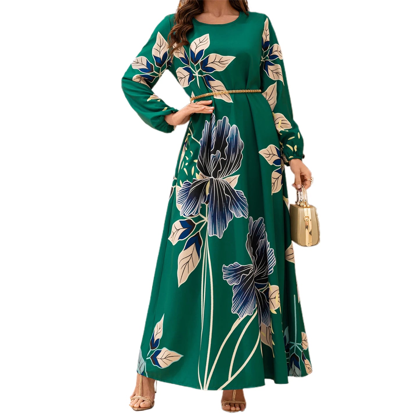 Elegant Floral Print Maxi Dress with Flowy Silhouette and Long Sleeves Inspired by Middle Eastern Fashion Trends