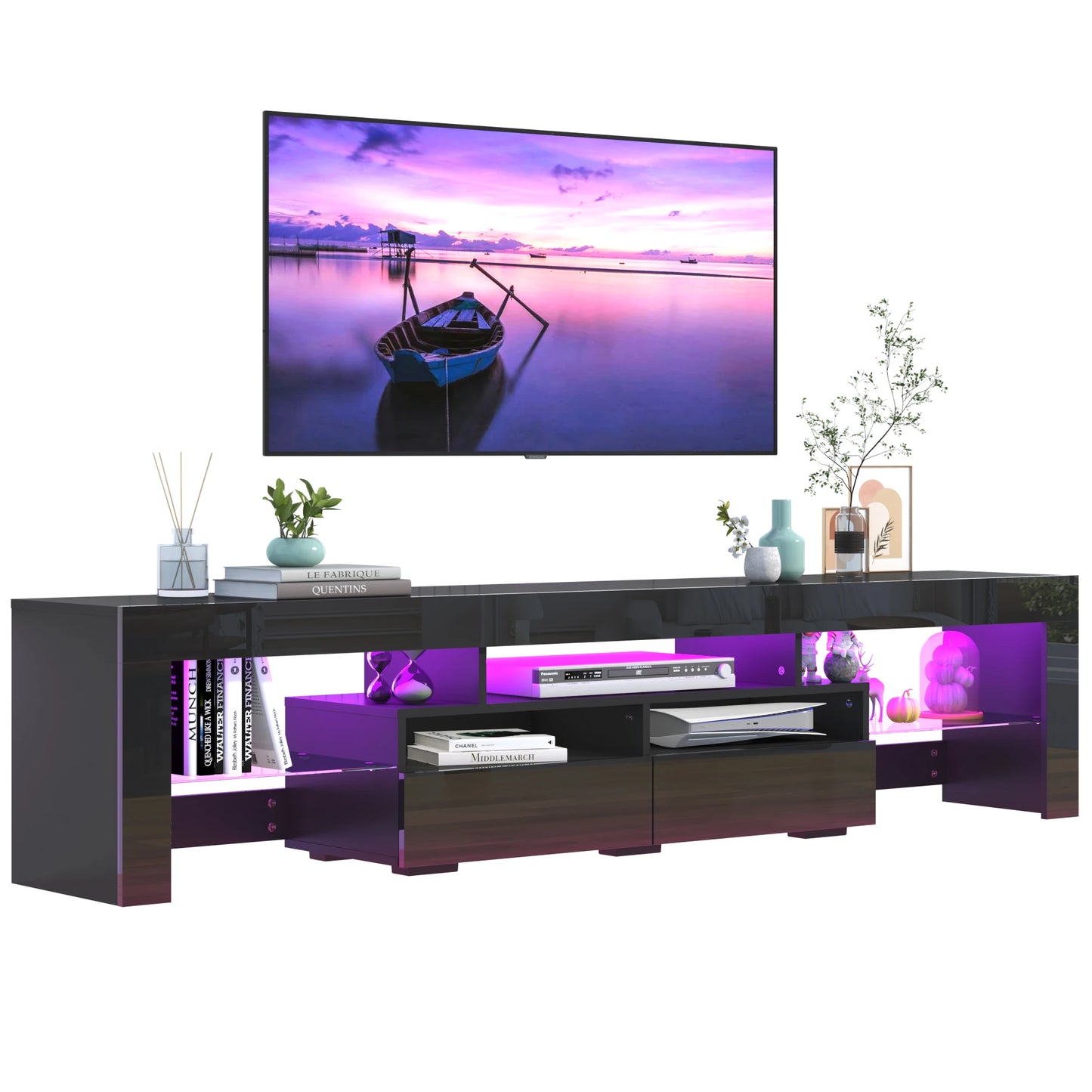 LED TV Stand for Living Room w/20 Colors Lights & Storage Shelf High Gloss TV Cabinet with Large Drawers for Gameroom/Bedroom