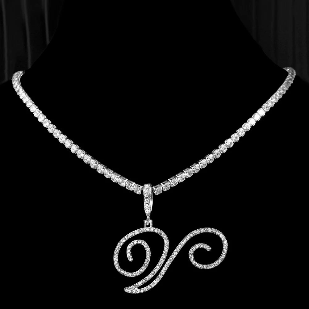 Caraquet Cursive Alphabet Name Necklace CZ Chain Pendant