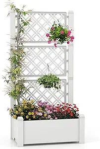 Self Watering Raised Garden Bed, Garden Planter Box with 59" Lattice Trellis, Drainage Hole & Water Level Indicator, Outdoor Sta