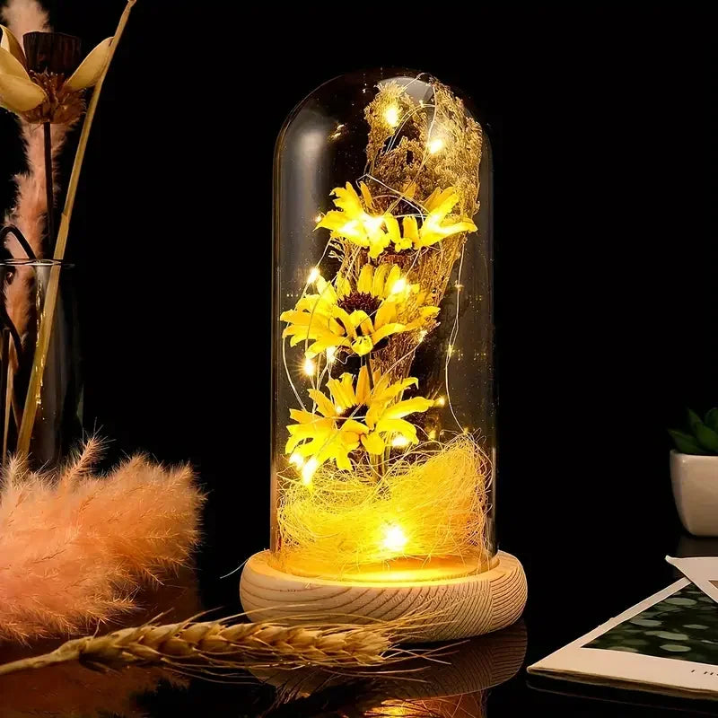 Hign-concerned Sunflower Glass Dome LED Strip Decoration Gift For Mothers Day And Valentines Day